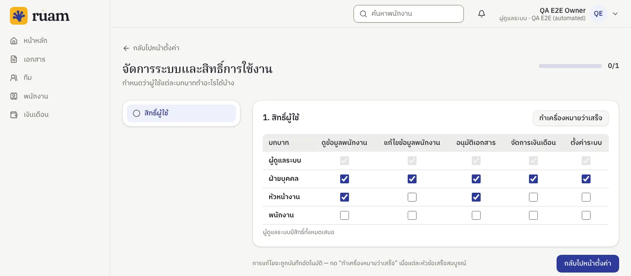 หน้าจัดการระบบและสิทธิ์การใช้งาน แสดงตารางบทบาทและช่องติ๊กสิทธิ์ 5 รายการ